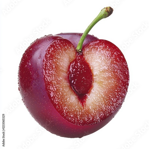 A vibrant, ripe plum cut in half, showcasing its juicy, red flesh and glistening texture against a clean white background. the subtle nuances of the fruit's surface and inner structure. photo