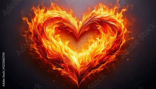A heart made of realistic flames, glowing intensely with orange and yellow fire