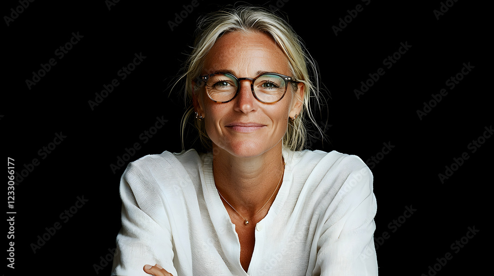 Fototapeta premium Woman smiling, studio portrait, dark background, professional headshot