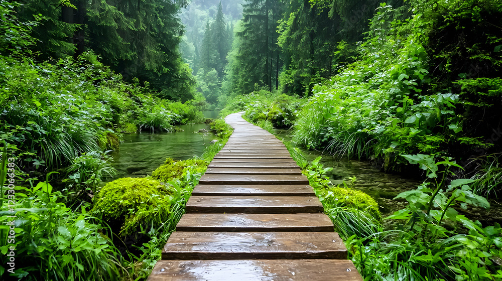 Wooden path through lush green forest, tranquil stream, misty background, nature travel Wooden path through lush green forest, tranquil stream, misty background, nature travel