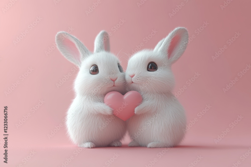 Fototapeta premium two adorable white bunnies holding a pink heart shaped object. Their fluffy fur and sweet expressions exude love and affection. The pink background enhances the cuteness and innocence of the image. 