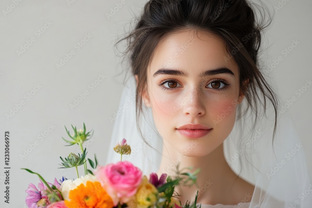 bride with natural makeup and colorful bouquet bride with natural makeup and colorful bouquet