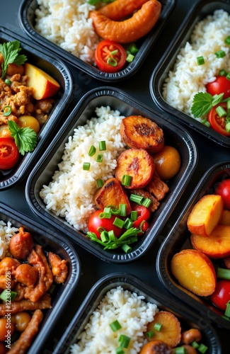 Prepared eco-friendly lunch boxes ready for delivery. Top view of various healthy meal containers. Rice, vegetables, proteins packed. Image shows office lunches catering meals. Great for corporate