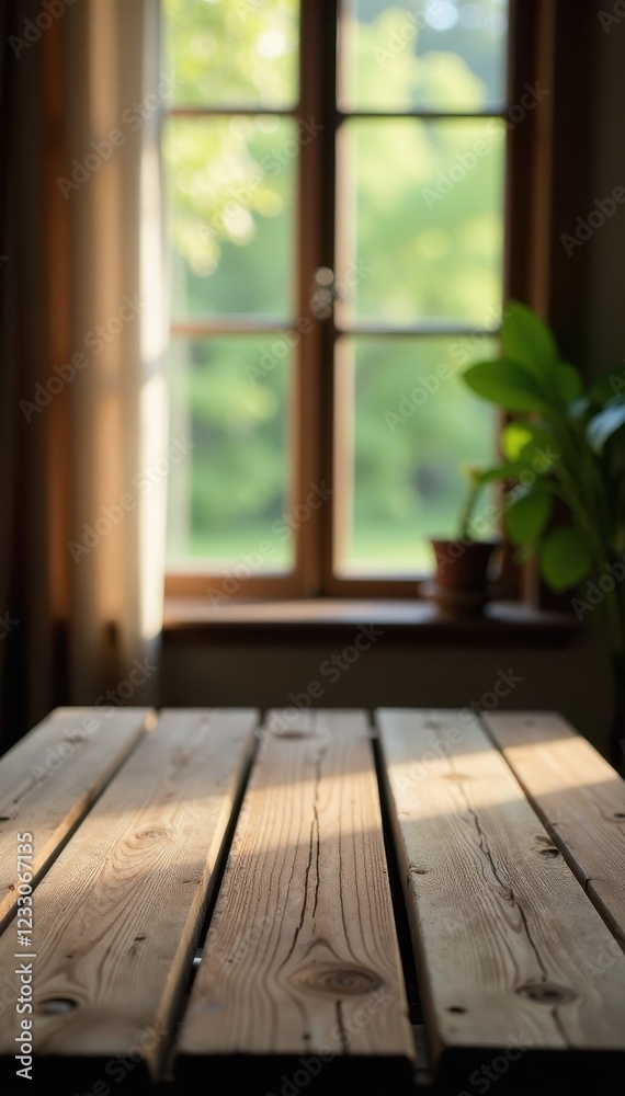 Rustic wooden table, blurred window, soft curtain , wood grain, still life Rustic wooden table, blurred window, soft curtain , wood grain, still life