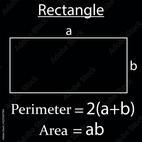 Perimeter and area of Rectangle in math. shapes in geometry. Vector illustration.