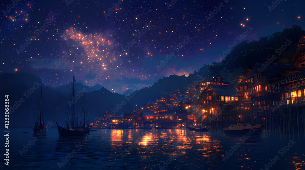 A coastal town at night, featuring a starry sky above and a tranquil sea with moored boats, illuminated by the towns warm lights - generated by ai. Starry Haven. Illustration A coastal town at night, featuring a starry sky above and a tranquil sea with moored boats, illuminated by the towns warm lights - generated by ai. Starry Haven. Illustration