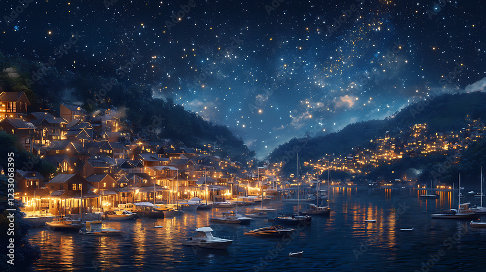 A coastal town at night, featuring a starry sky above and a tranquil sea with moored boats, illuminated by the towns warm lights - generated by ai. Starry Haven. Illustration A coastal town at night, featuring a starry sky above and a tranquil sea with moored boats, illuminated by the towns warm lights - generated by ai. Starry Haven. Illustration