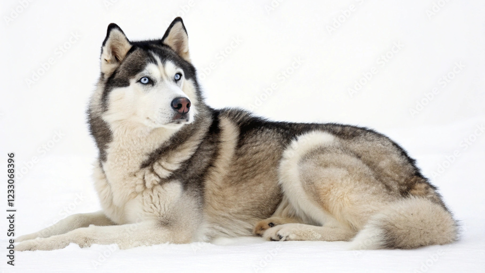 A Siberian Husky lying on a white background, looking directly at the camera A Siberian Husky lying on a white background, looking directly at the camera