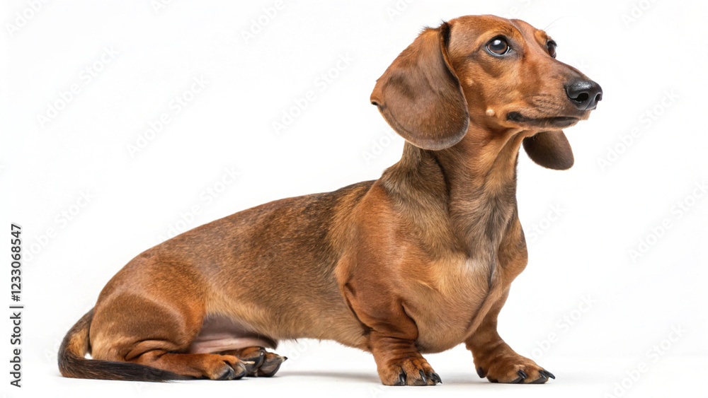 A playful Dachshund looking up with its tongue out A playful Dachshund looking up with its tongue out