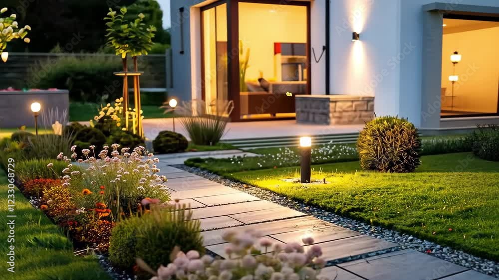 A tranquil garden pathway is lined with colorful flowers and softly glowing lights, leading to a welcoming home. The ambiance creates a serene evening atmosphere.
