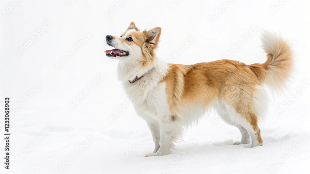 A Corgi standing on a white background, looking up with its tongue out A Corgi standing on a white background, looking up with its tongue out