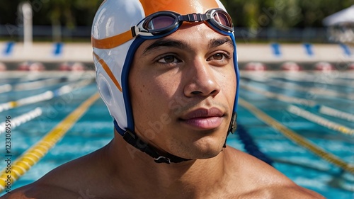 Athletic biracial male swimmer poses confidently. His swim cap and goggles suggest preparation for a competitive swim. photo