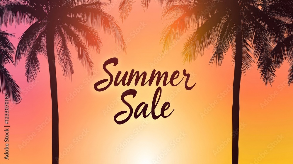 Naklejka premium A tropical scene with palm trees and a sunset background. The banner says 