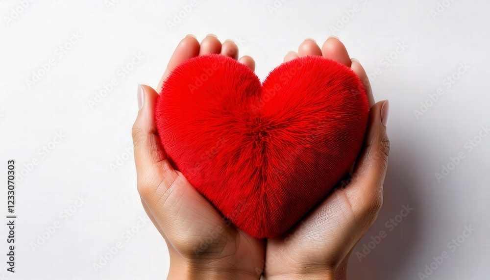 Obraz premium A human hand gently holding a bright red heart