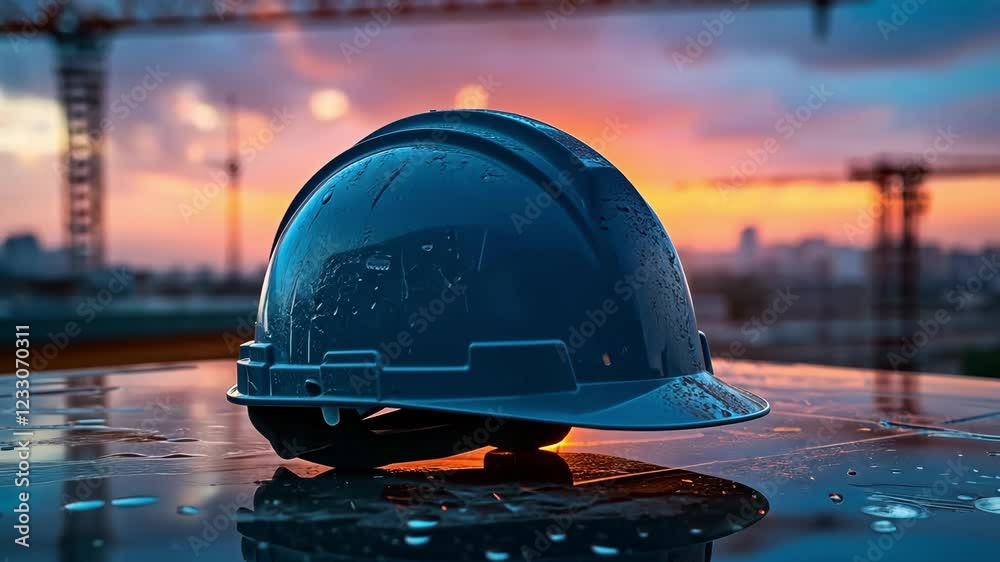 A blue construction helmet is placed on a reflective surface at a building site. The sun sets in the background, casting a warm glow over the city skyline and cranes.