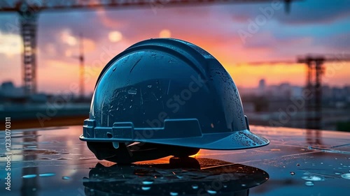 A blue construction helmet is placed on a reflective surface at a building site. The sun sets in the background, casting a warm glow over the city skyline and cranes.