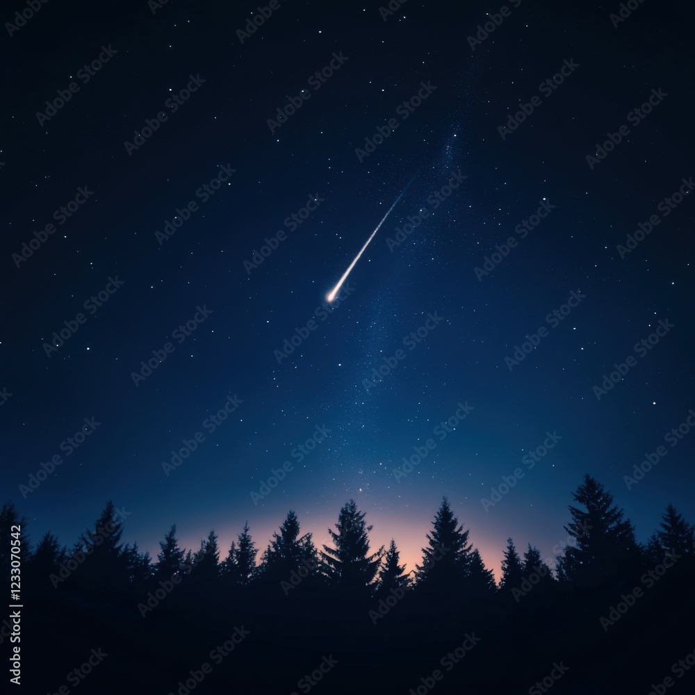 Naklejka premium shooting star streaks across a dark night sky over a silhouetted forest