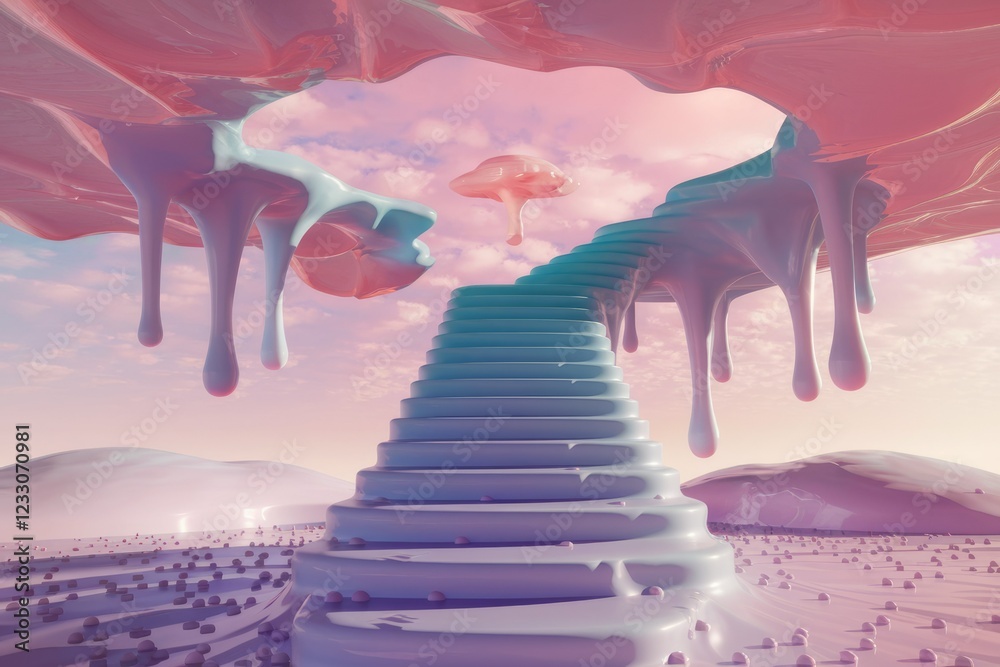 Naklejka premium Surreal pastel landscape with a staircase to heaven, dripping paint, and mushroom clouds.