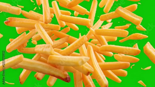 Golden-brown french fries are mid-air, suspended with a few pieces scattering, creating an exciting moment of fried food joy against a green screen backdrop perfect for food enthusiasts.