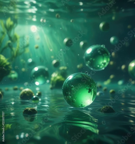 Wallpaper Mural defocused underwater scene with green hues and numerous spheres suspended in the water, fluid movement, bokeh Torontodigital.ca