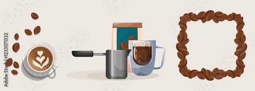 A set of vector illustrations with compositions and frames. A top-view design of hot coffee. A frame design made of coffee beans. A composition design with a cup and a hot cezve.