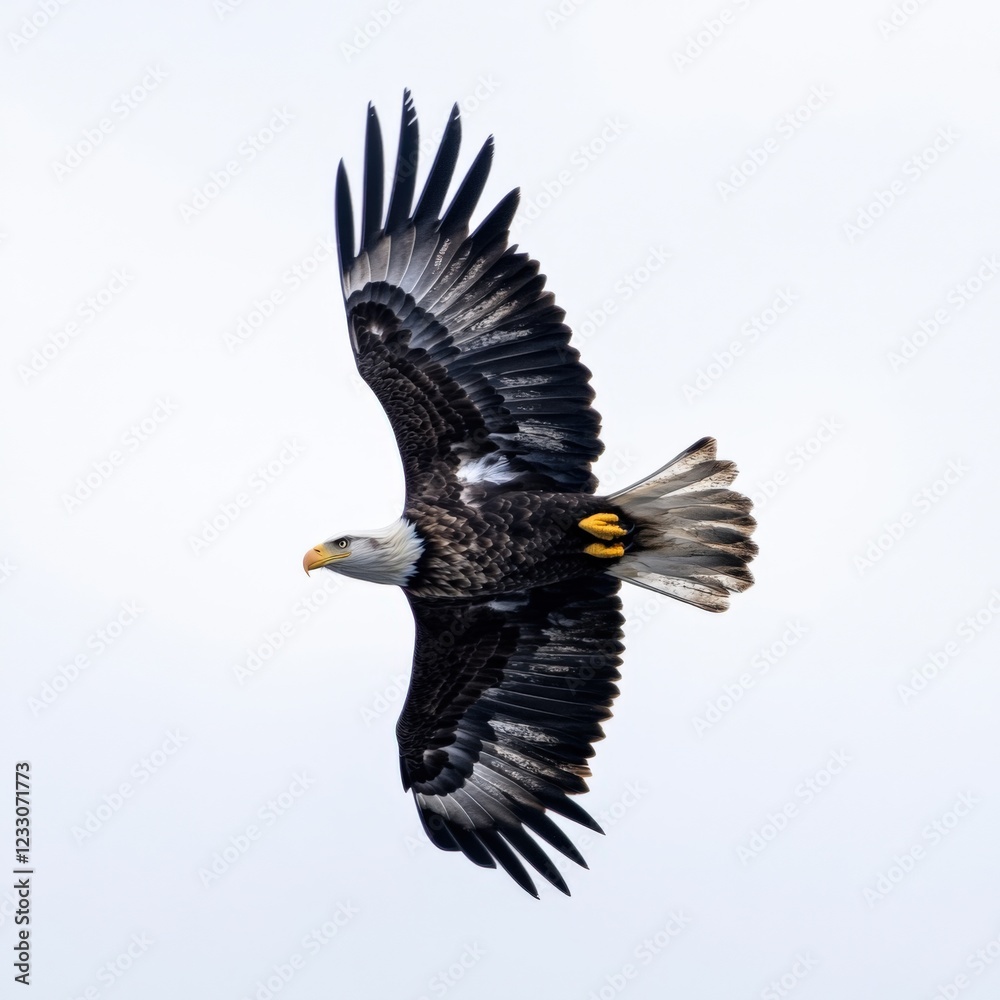 Obraz premium bald eagle soaring with wings spread against a white sky