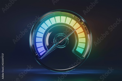 A futuristic glass speedometer with a needle pointing towards high performance, glowing with vibrant colors.