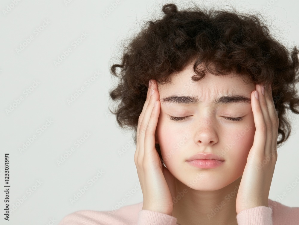 young person with headache or migraine holding their head young person with headache or migraine holding their head