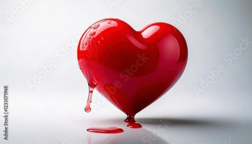 A red heart with a single tear drop falling from the side, glossy and reflective