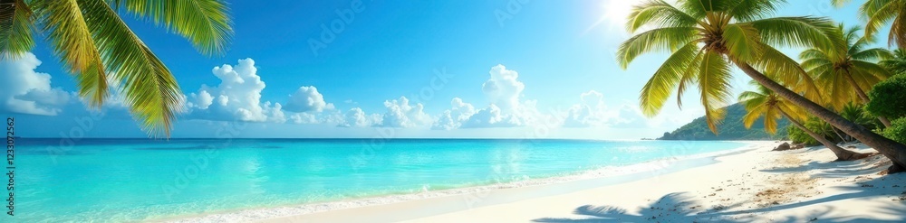 Sun-drenched beach, turquoise water, palm trees, discovery, sand Sun-drenched beach, turquoise water, palm trees, discovery, sand