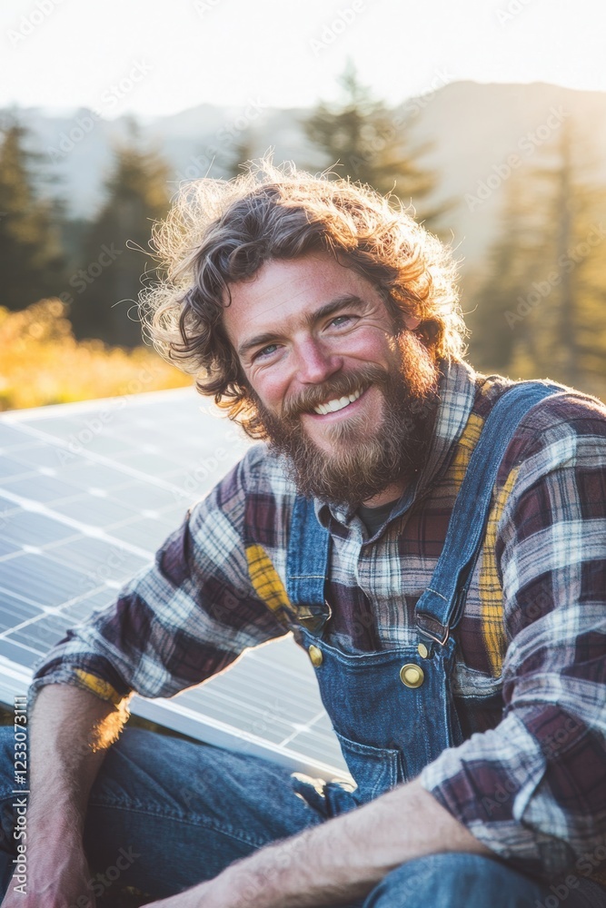 Man smiling and working with solar panels in a sunny outdoor setting, showcasing renewable energy and sustainable living concepts. Green technology and eco-friendly lifestyle. Man smiling and working with solar panels in a sunny outdoor setting, showcasing renewable energy and sustainable living concepts. Green technology and eco-friendly lifestyle.