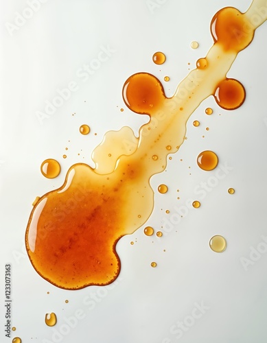 Closeup view of greasy oil stains on white background. Spilled liquid creates various shapes, sizes. Messy cooking scene. Unhealthy food concept. Isolated object on white surface. Texture of spilled