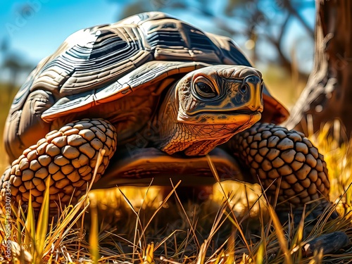 African Spurred Tortoise Close-up Walk Vivid Colors Sharp Focus