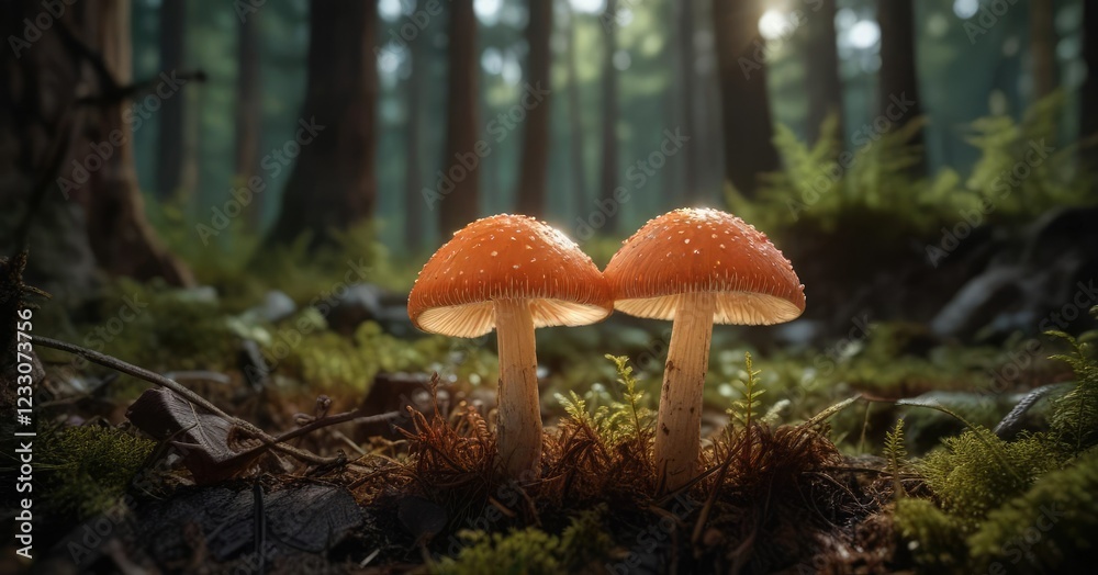 Detailed view of a glowing mushroom growing on the forest floor, mystical forest floor, soft glow, glowing mushrooms Detailed view of a glowing mushroom growing on the forest floor, mystical forest floor, soft glow, glowing mushrooms