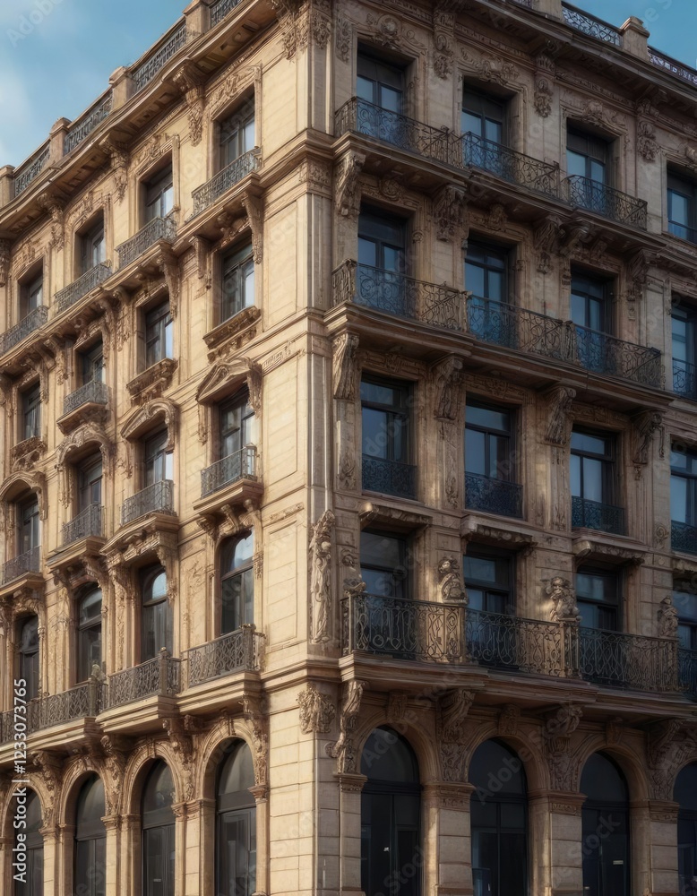 Detailed facade of a multistorey apartment building with ornate architectural features, belgian architecture, balcony windows