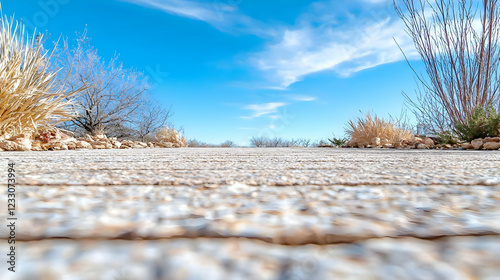 Desert path leading to blue sky, plants on sides, sunny day, travel brochure photo