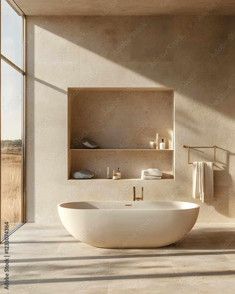Fototapeta premium Minimalist Luxury Bathroom with Freestanding Tub - Modern Interior Design
