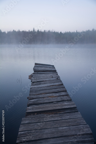 Wallpaper Mural An old, wooden jetty in a calm lake in the forests of Finland on a foggy spring morning Torontodigital.ca