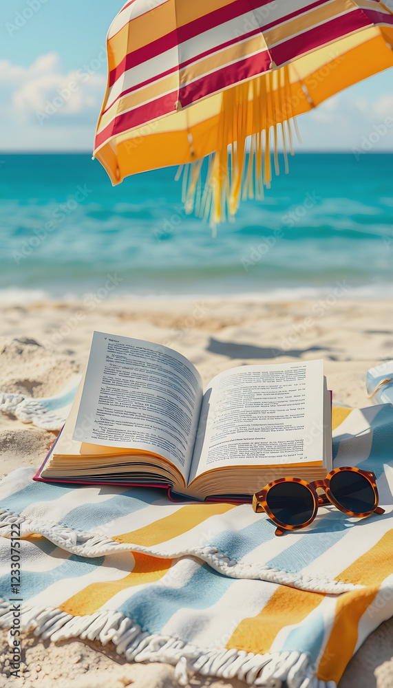 A beach scene with a book, sunglasses, and blanket for a relaxing summer day created with technology, Paper Cutout style, with white tones A beach scene with a book, sunglasses, and blanket for a relaxing summer day created with technology, Paper Cutout style, with white tones