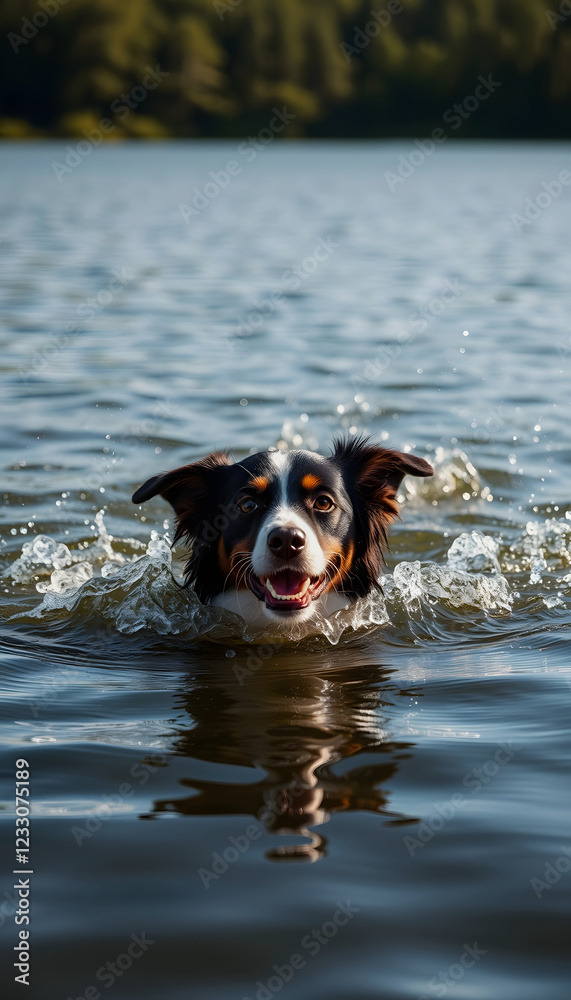 dog swimming in a lake, summer splash, studio photography, with white tones dog swimming in a lake, summer splash, studio photography, with white tones