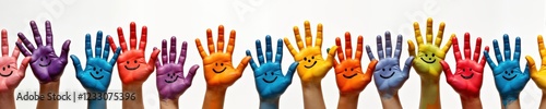 Colorful painted children hands raised high with happy faces drawn on. Hands vibrant colours against white background. Joyful, creative expression of childhood art. Kids engaged in fun art activity.