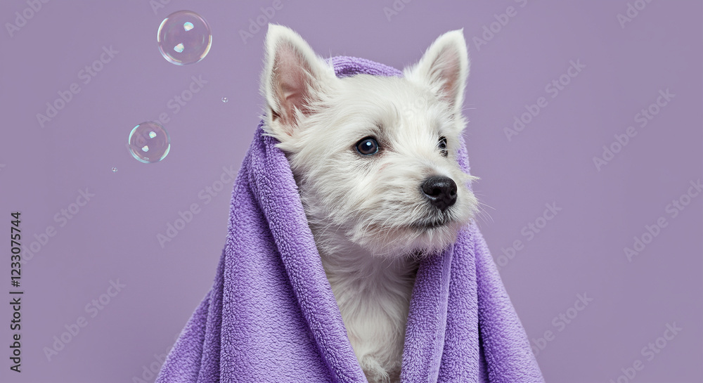 Cute dog puppy wrapped in towel after bath. White dog puppy with purple towel on purple background Cute dog puppy wrapped in towel after bath. White dog puppy with purple towel on purple background