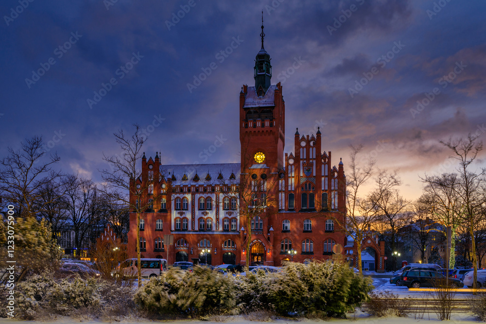Fototapeta premium Winter scenery of the city of Slupsk at dusk, Poland.