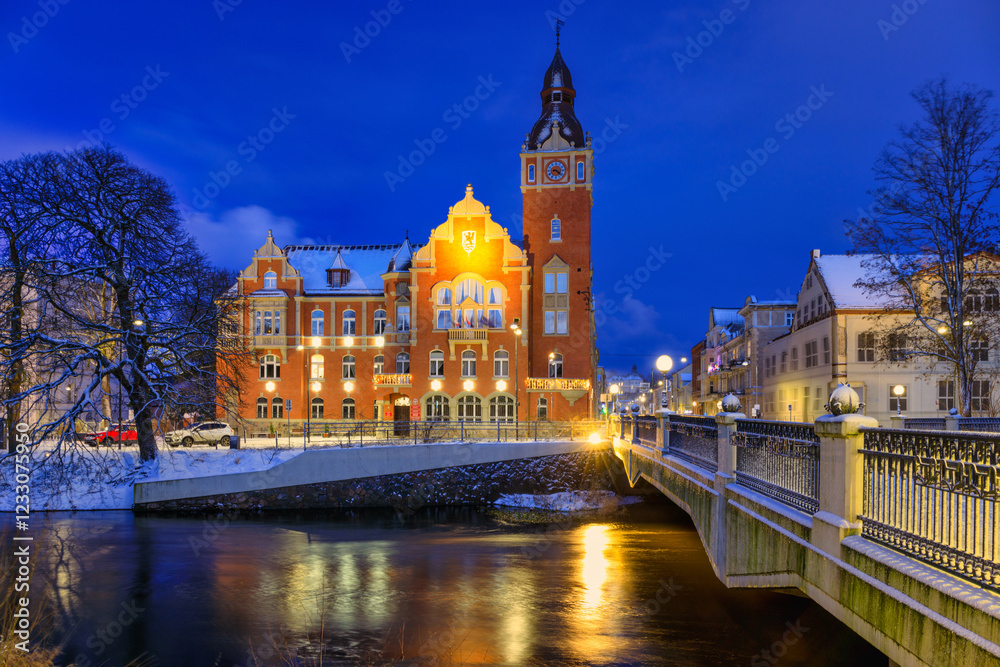 Fototapeta premium Winter scenery of the city of Slupsk at dusk, Poland.