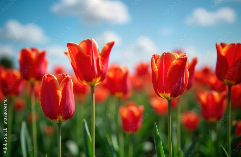 Red tulips blossom in field under blue sky. Springtime flora scenery in rural Dutch landscape. Agriculture, tourism photo. Tulip bulbs production industry in Holland. Beautiful colorful flowers grow Red tulips blossom in field under blue sky. Springtime flora scenery in rural Dutch landscape. Agriculture, tourism photo. Tulip bulbs production industry in Holland. Beautiful colorful flowers grow