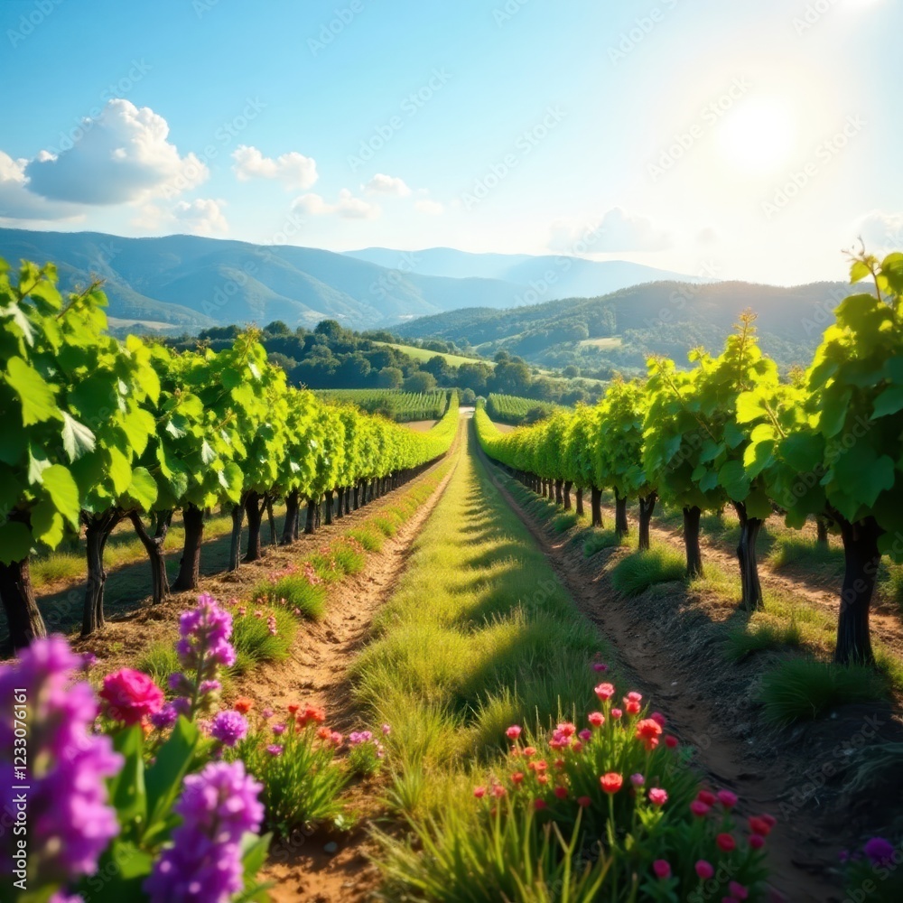Naklejka premium Vineyard rows blooming wildflowers, sunlit hills, winemaking, wine
