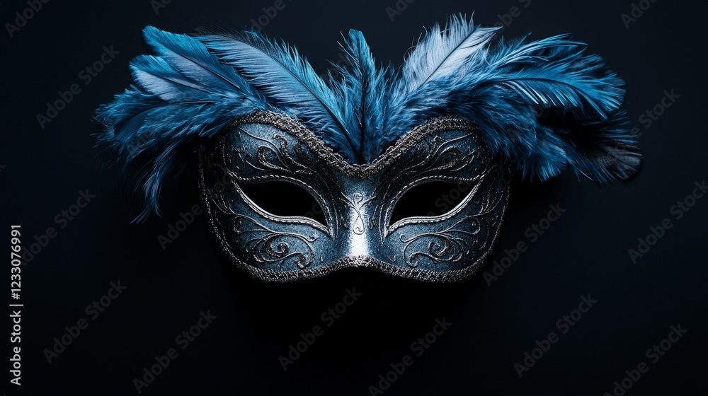 Naklejka premium An elegant Venetian mask with gold details and black feathers, isolated on a dark background. Suitable for theater or artistic projects.