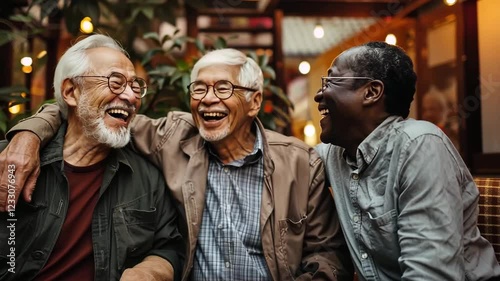 Wallpaper Mural Three elderly friends enjoy each other's company in a cozy cafe, sharing laughter and stories. The friendly atmosphere and warm decor foster a joyful reunion for the trio. Torontodigital.ca