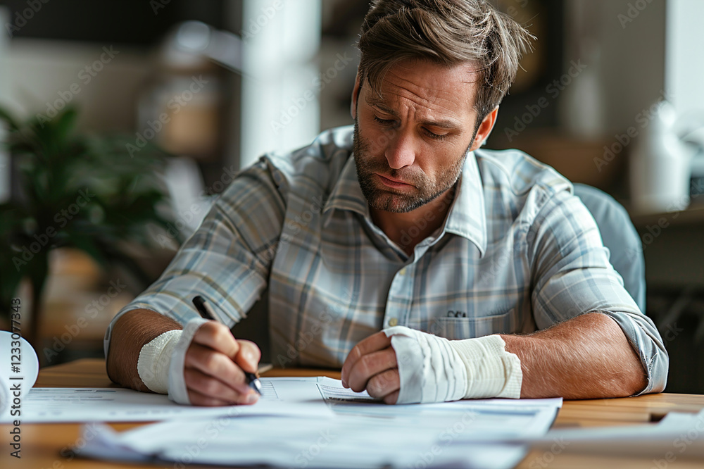 Man with broken arm in sling, carefully filling out health insurance claim form at desk Man with broken arm in sling, carefully filling out health insurance claim form at desk