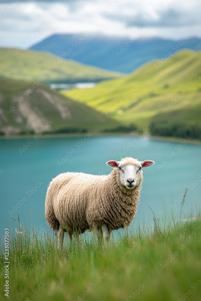 Obraz premium Sheep grazing on lush green pasture near a serene lake, surrounded by rolling hills and mountains under a cloudy sky. Ideal for nature and livestock themes.